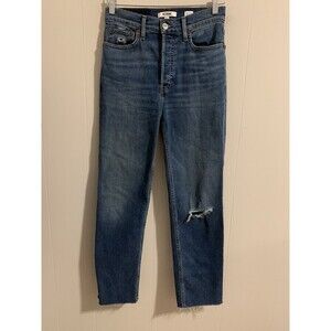 Re Done Womens Button Fly Distressed Straight Leg Jeans Blue Size 26 Raw Hem